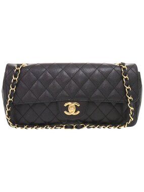 Chanel Quilted East West CC Logo Caviar Leather Gold Black Chain Shoulder Bag